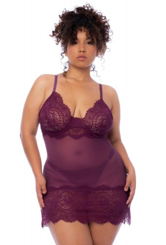 Nuisette en dentelle grande taille bordeaux et string assorti - MAL7554XWINE