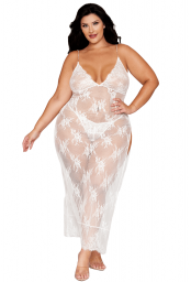 Nuisette longue blanche grande taille en dentelle florale, string assorti - DG13667XWHT