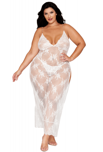 Nuisette longue blanche grande taille en dentelle florale, string assorti - DG13667XWHT